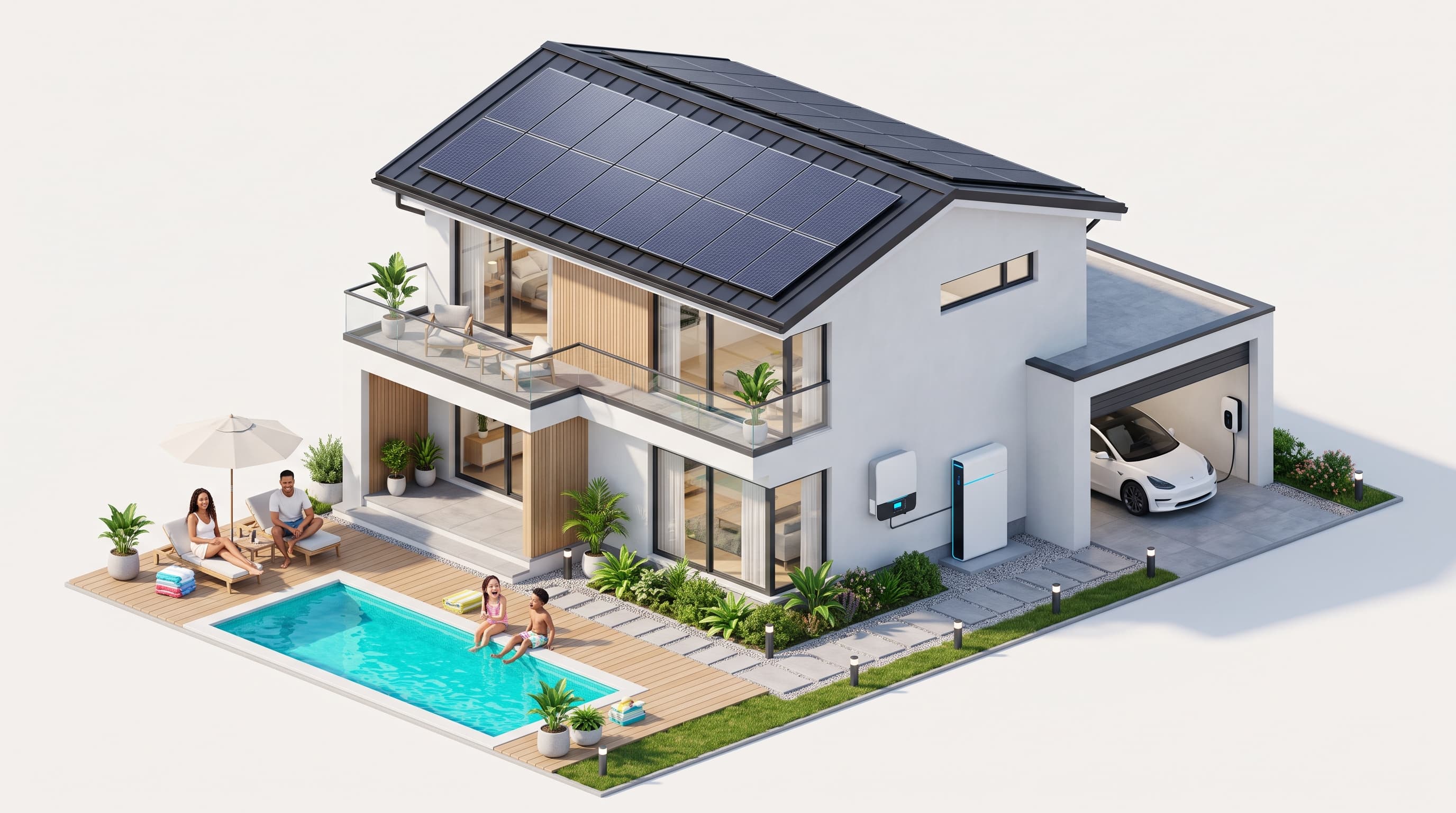 Güneş panelli, batarya depolamalı ve elektrikli araç şarjlı akıllı villa